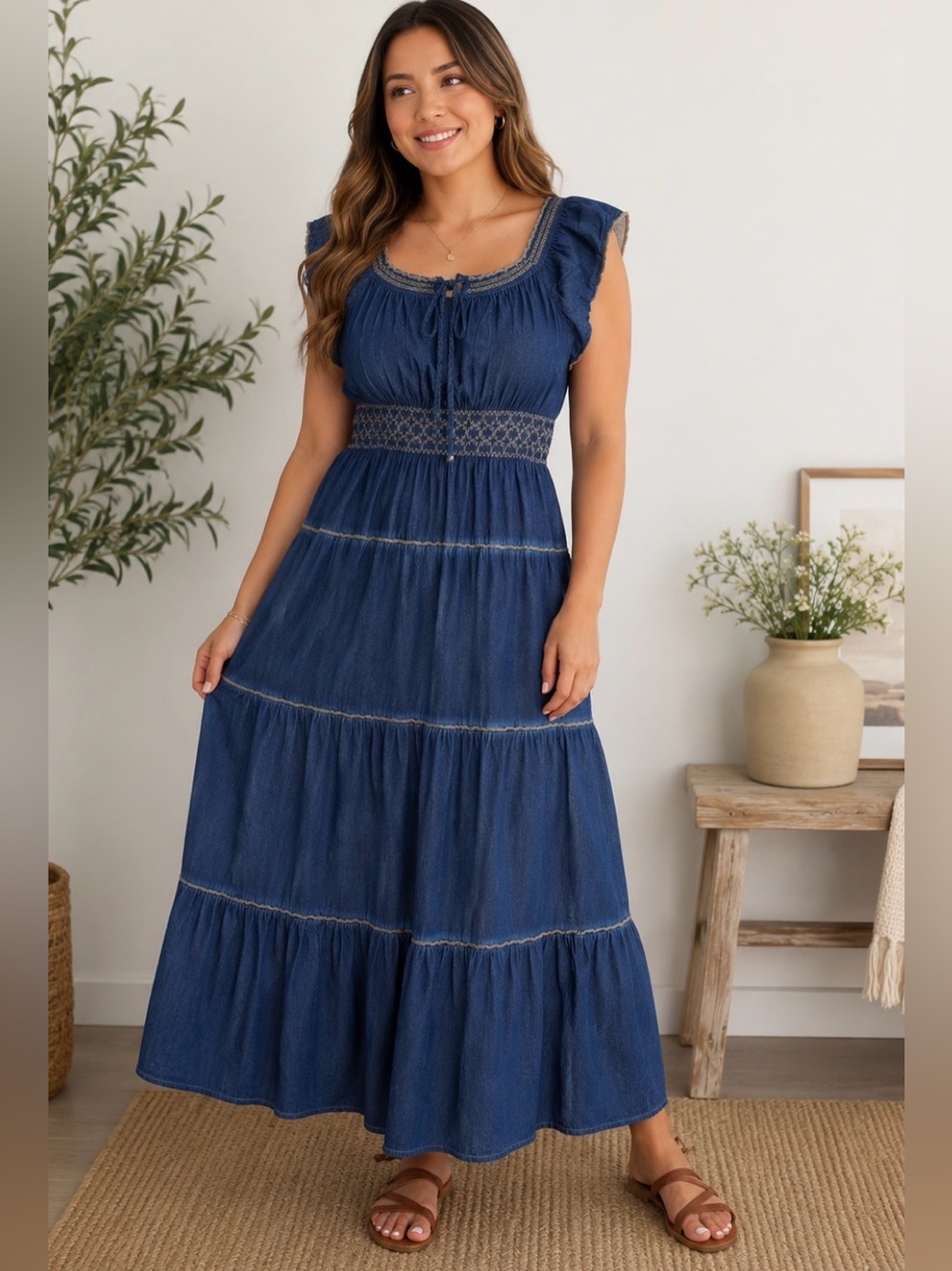 ❤️ Indigo & Lace Denim Blue Boho Maxi Dress Size XL Smocked Tiered Cottagecore